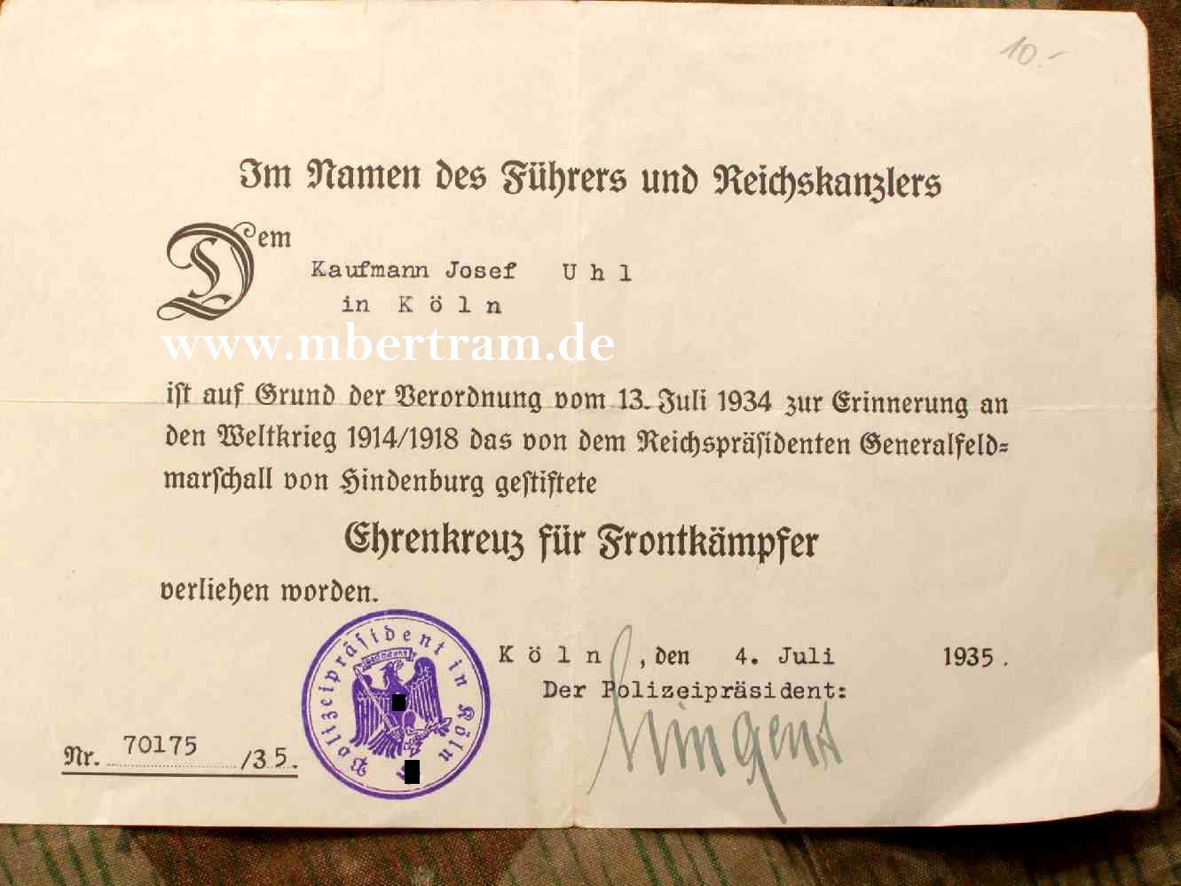 Urkunde für Ehrenkreuz für Frontkämpfer, Köln 1935