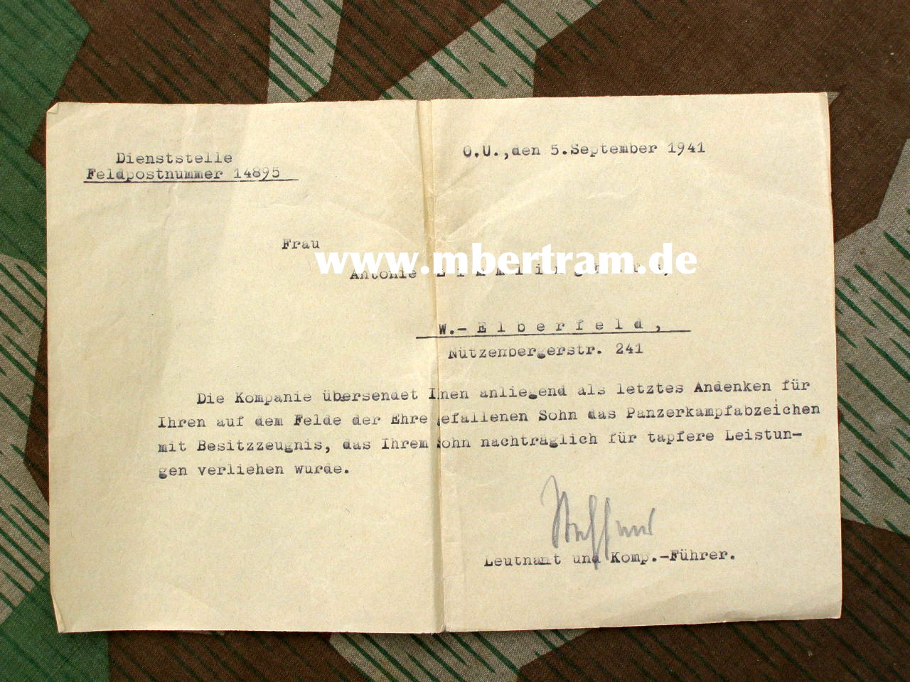 Besitzzeugnis Panzerkampfabzeichen Bronze 3.8.1941