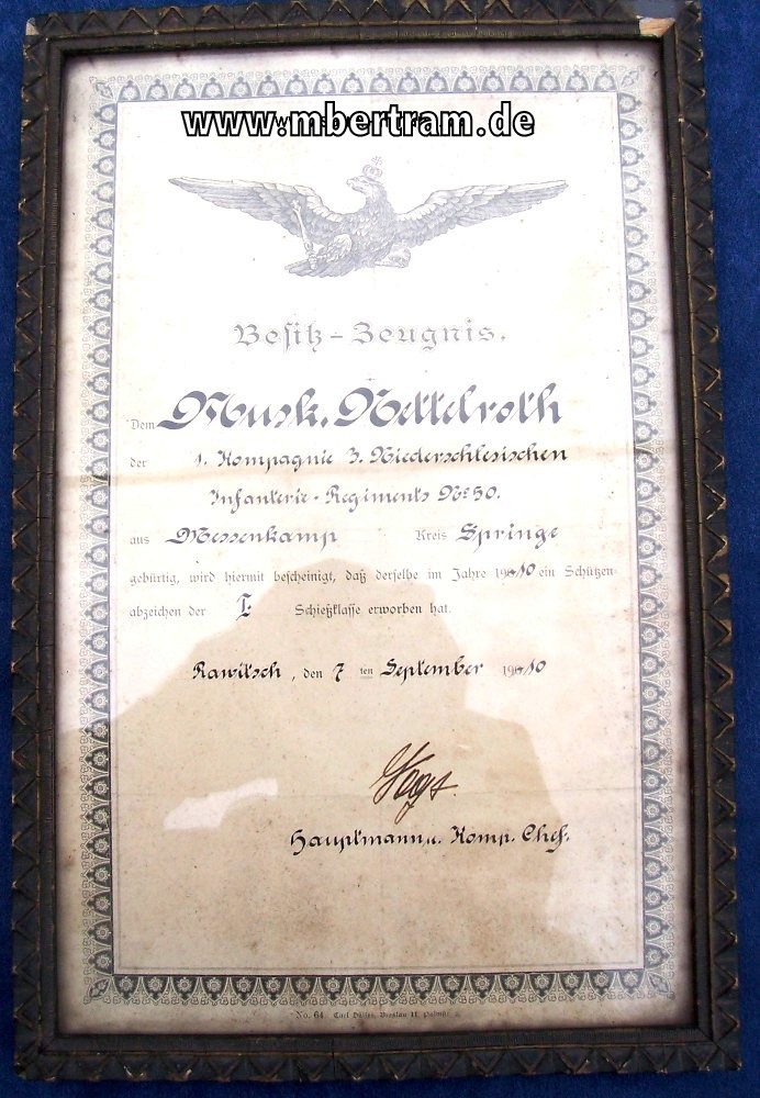 Besitzzeugnis Schießauszeichnung der 1. Klasse, 1910, gerahmt