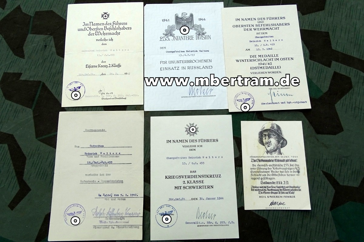 6 Urkunden 13. Inf. Rgt. 453, 253 Inf. Div. ISA., EK2, Ostmed. KVK, RK Tr. Signatur