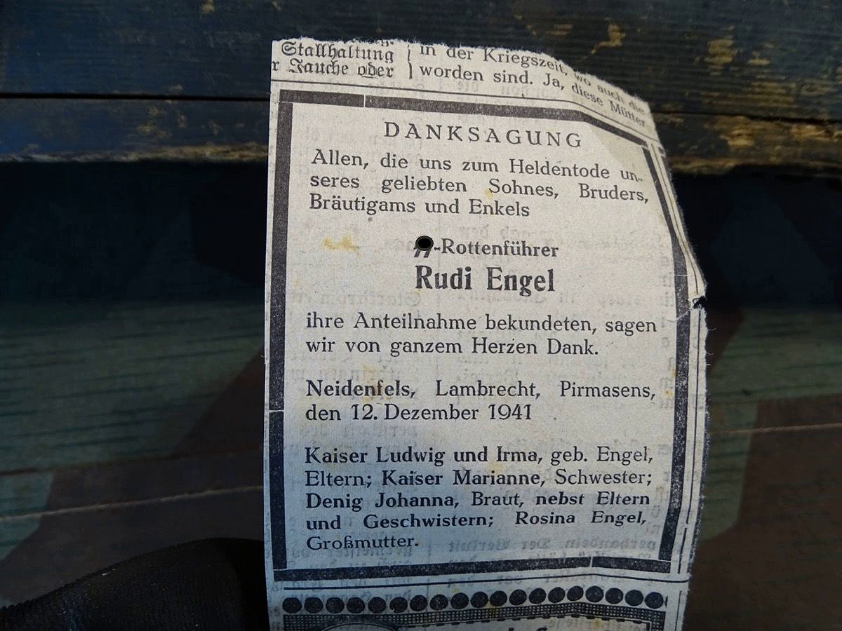 Zeitungsauschnitt, Danksagung zur Kondolenz zum Tode des SS Rottenführers Rudi E. 1941