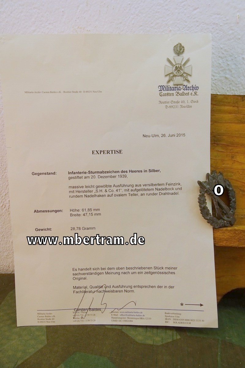 Infanteriesturmabzeichen in Silber, ast.: SH & Co 41,  mit Expertise