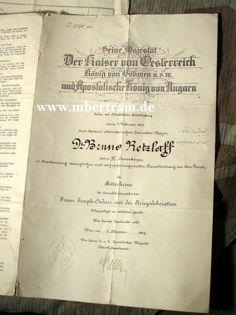 9311-3 2 Urkunden Ritterkr.Franz Joseph Orden, türk. Halbmond
