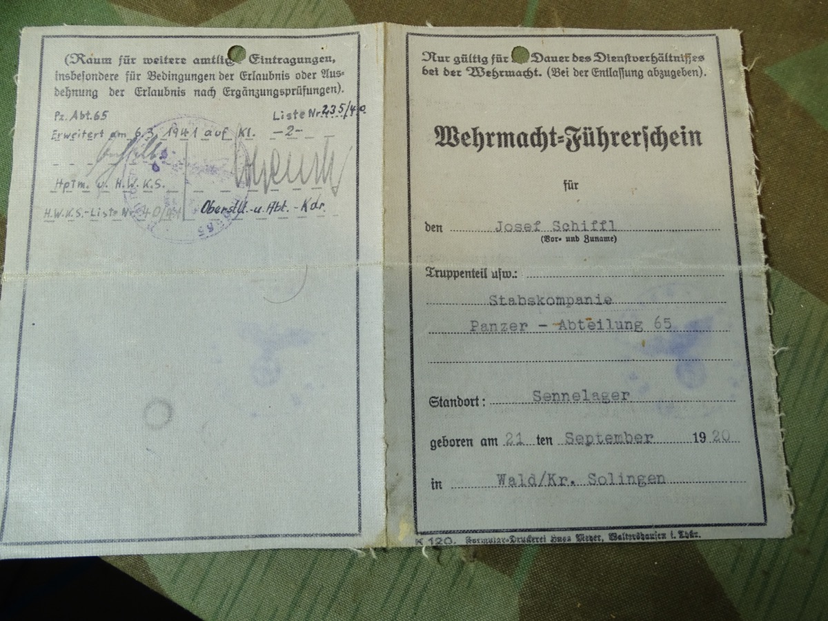 Wehrmacht Führerschein, Stabskp. Panzer Abt. 65 Sennelager, Josef Sch. Zugkraftwagen, Kl. 2