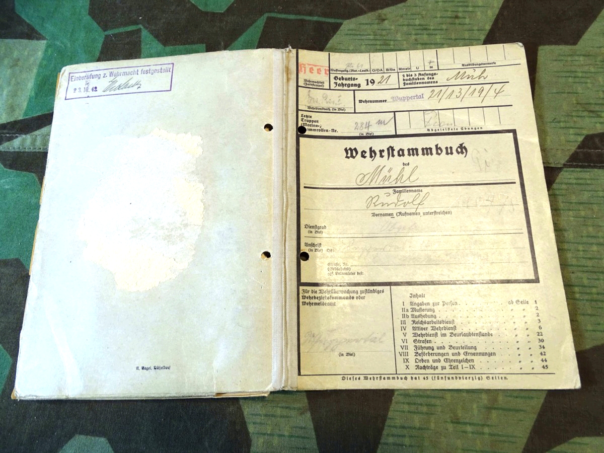 Wehrstammbuch  u. Papiere Uffz. Rudolf M. Pionier, Ostmedaille,  Verw. Ab. Schw. U sil. EK 2, Ostfeldzug