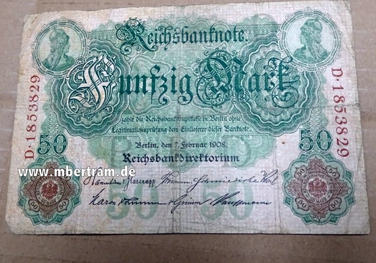 Reichsbanknote 50 Mark, kunstvoller Originalschein vor 1918