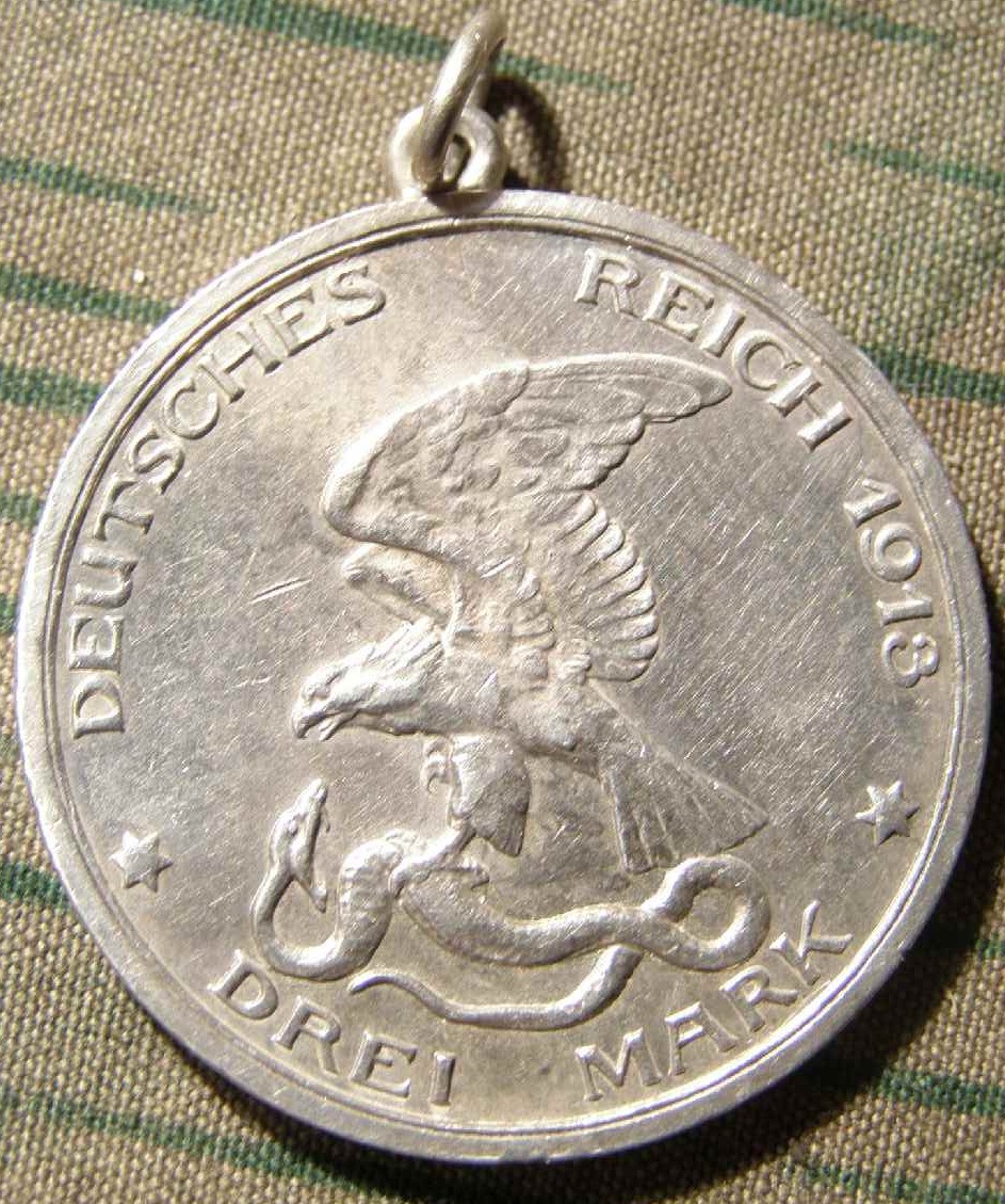 Silbermünze, Preussen 1913, drei Mark, Kettenanhänger