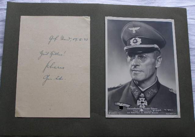 Signatur: Theodor Scherer, Gen.Mj. D.WH, RK Träger Karte