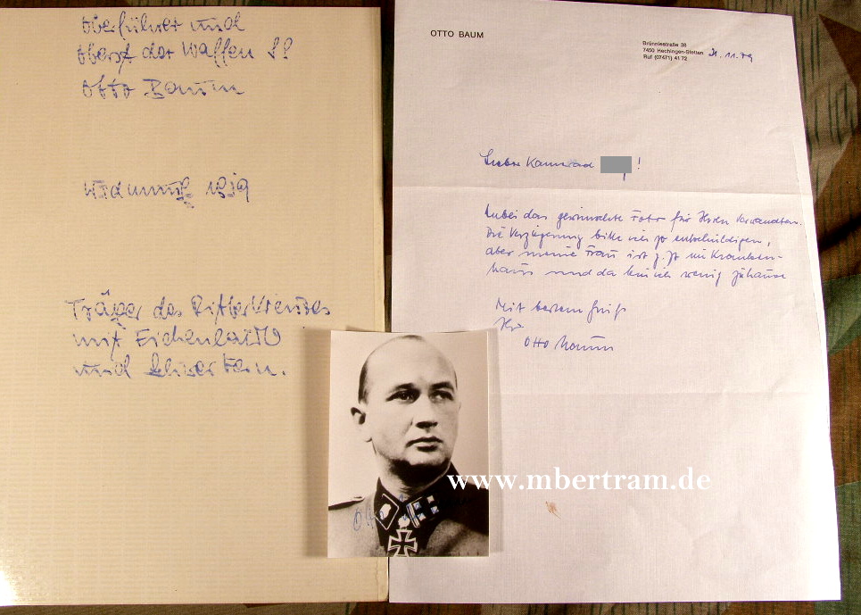 2x Signatur BAUM, Otto. SS-Oberfhr., RK m.Eichenl.u Schw.