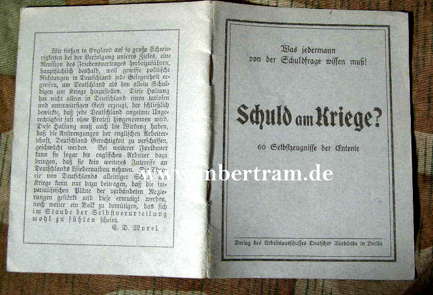Büchlein " Schuld am Kriege " 60 Selbstzeugnisse d. Entente