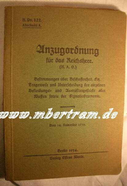 Anzugordnung für das Reichsheer Ausgabe 1934 bis 1936