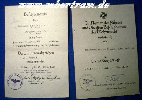 2 Urkunden: EK 2. 1939, Verw.Abz.schw., 1.Pi. Batl.169 1940