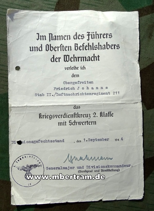 Urkunde KVK mit Signatur Gen. Maj. Walter Grabmann, (Spanienkr. Gold. RK Träger)