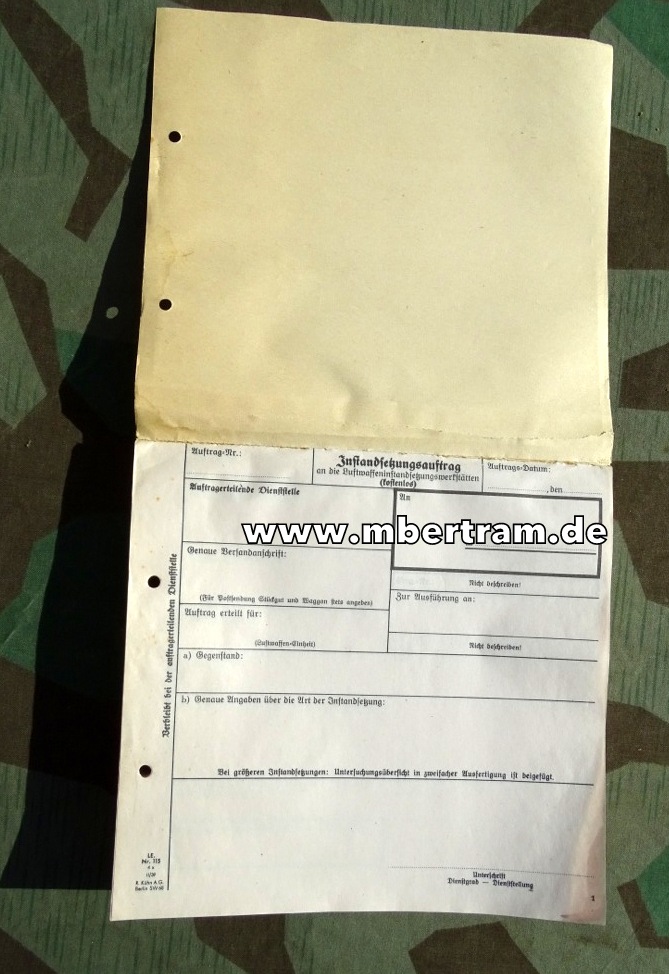 Kompletter Blanko Formularblock Luftwaffeninstandsetzungswerkstätten von 1939