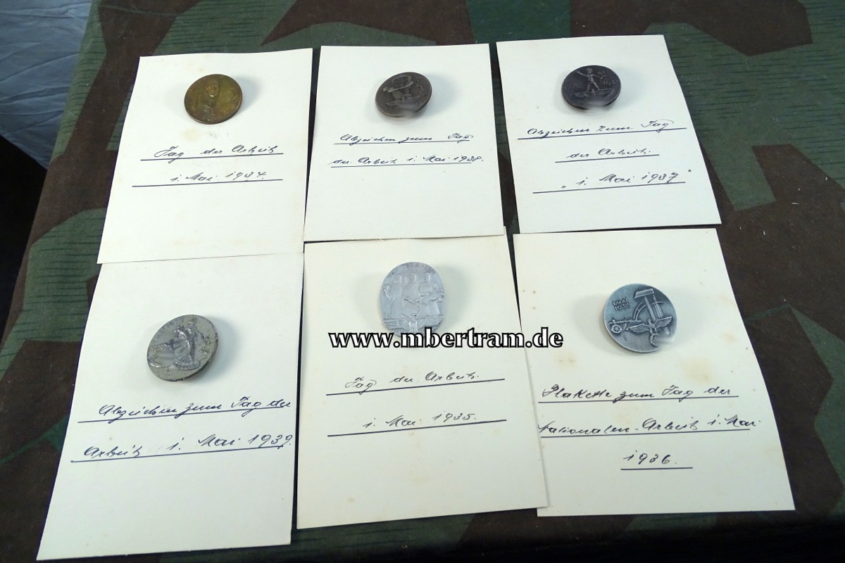 WHW - Reichsstrassensammlung, 6 Stück 1. Mai Abz. 1934, 35, 36, 37, 38,1939