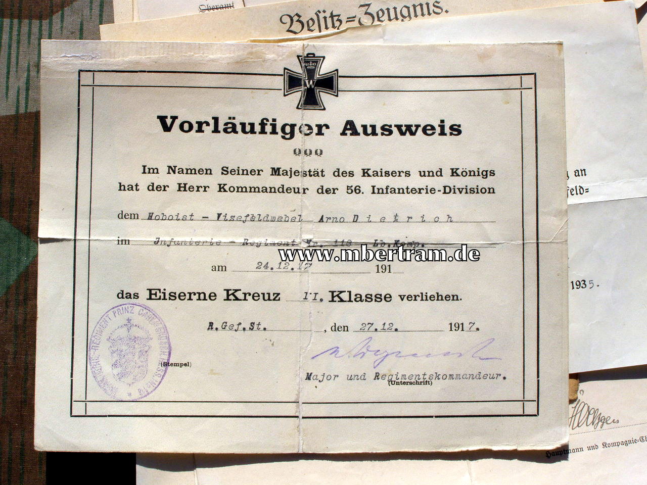 12447-2 Dokumente: Hilfs Hoboist, 6. Würtemb.Inf. Rgt. No. 124