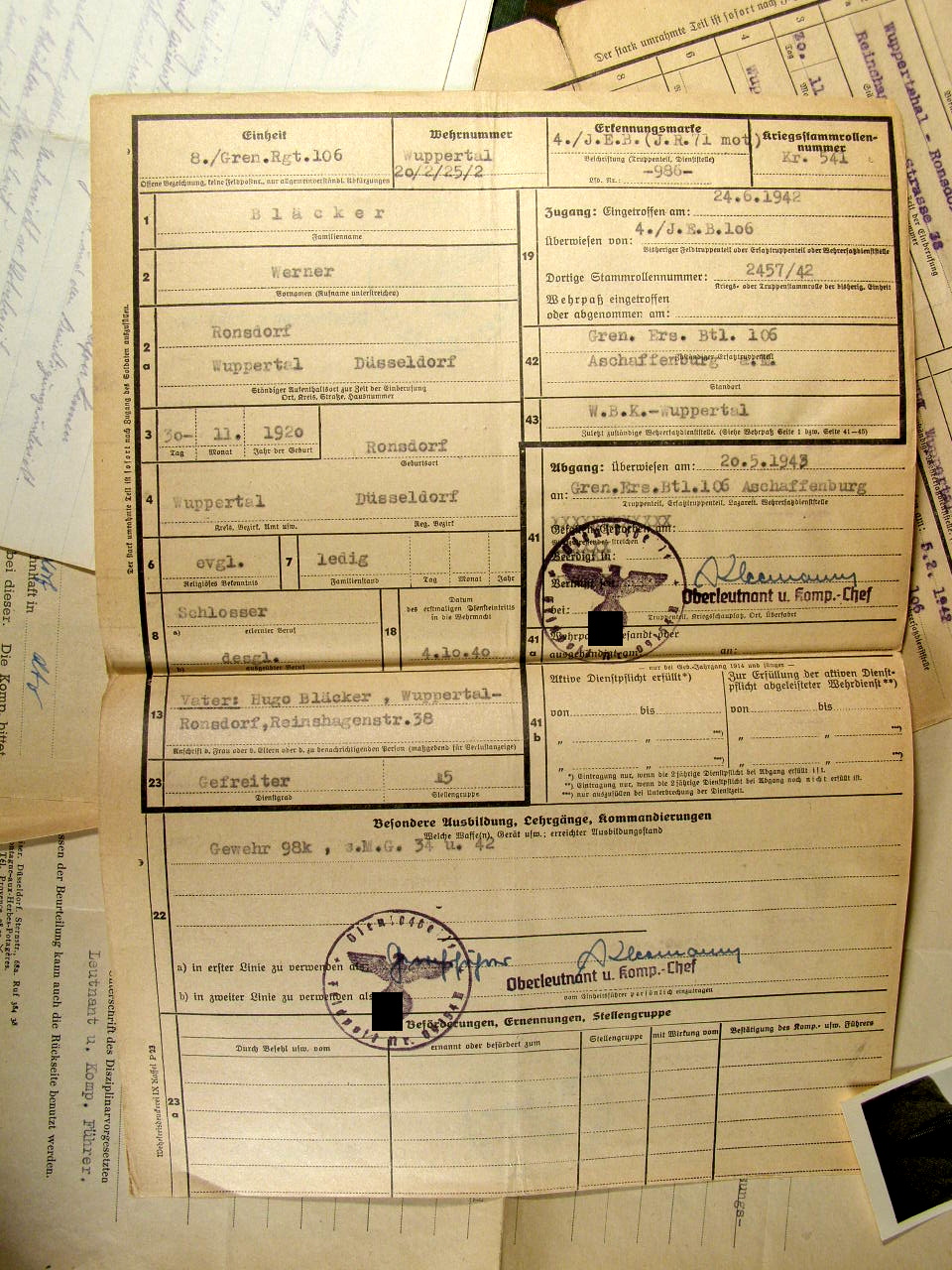 624-6 Wehrstammbuch Nahkpf Ausbildung, Pz.Vern.abz.,EK2, NkSp.