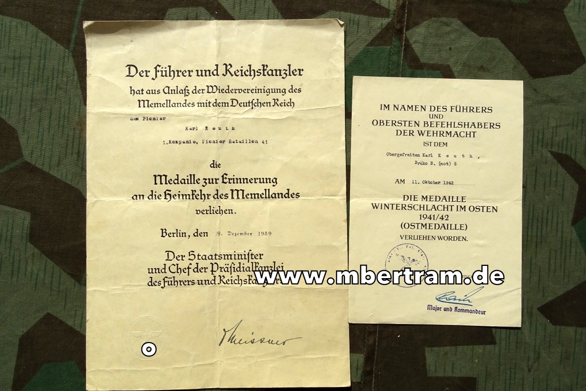 Urkunden: Medaille zur Erinnerung an die Heimkehr des Memellandes u. Ostmedaille