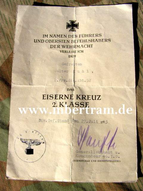 Urkunde EK 2,1943,Pz.Jg.Signatur RK Träger Gen.Lt. A.Haufe