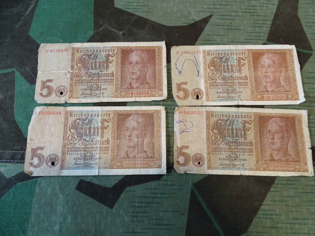 4 Geldscheine / Reichsbanknote über 5 Reichsmark aus dem 3 Reich. 