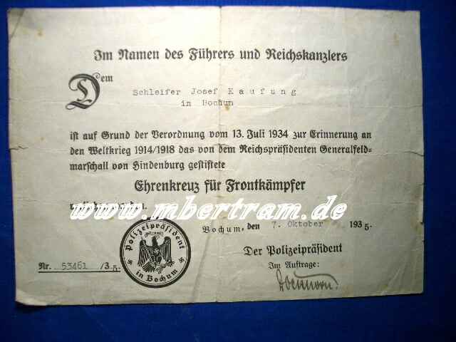 Urkunde für Ehrenkreuz für Frontkämpfer, Bochum 1935