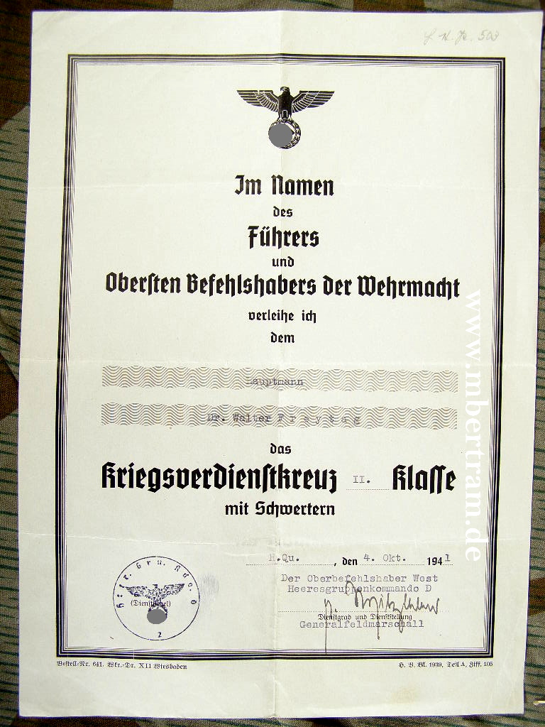 Signatur Gen.Feldmarschall E.v.Witzleben auf KvK Urkunde