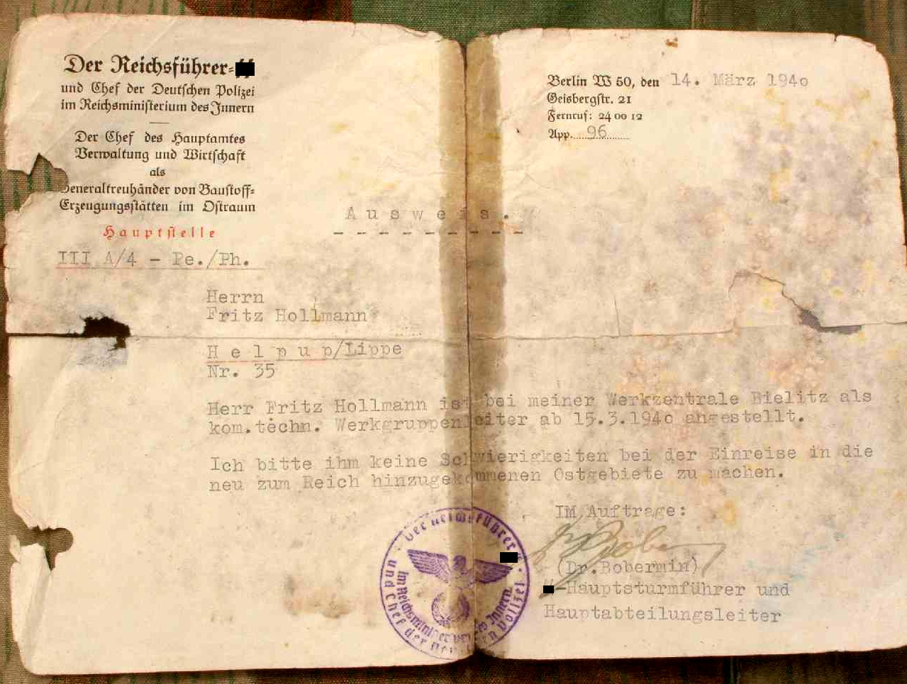 Ausweis /Passierschein, Signatur SS -Hauptsturmführer