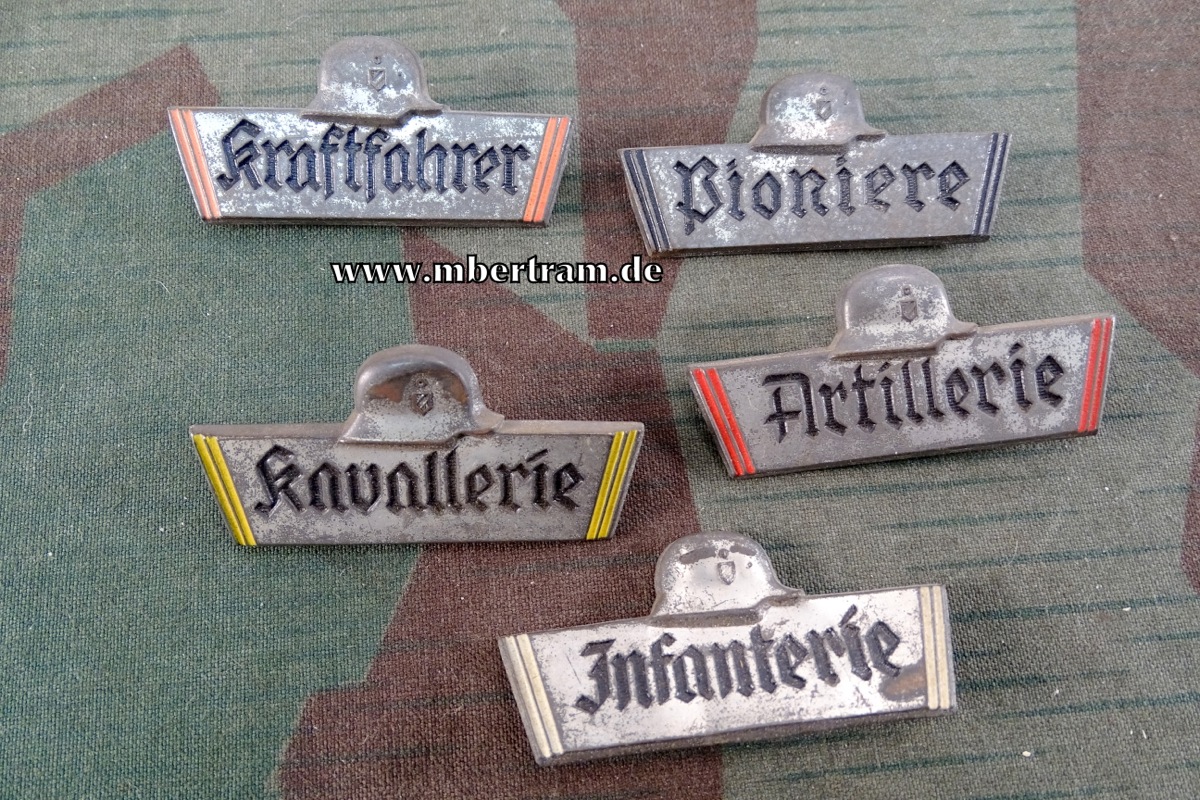 5 Musterungs Abzeichen, " Kraftfahrer " Infanterie " " Pioniere " Artilleri