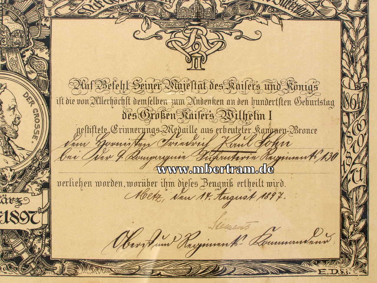 Urkunde für die Centenaer Medaille v..1897, für Hornisten