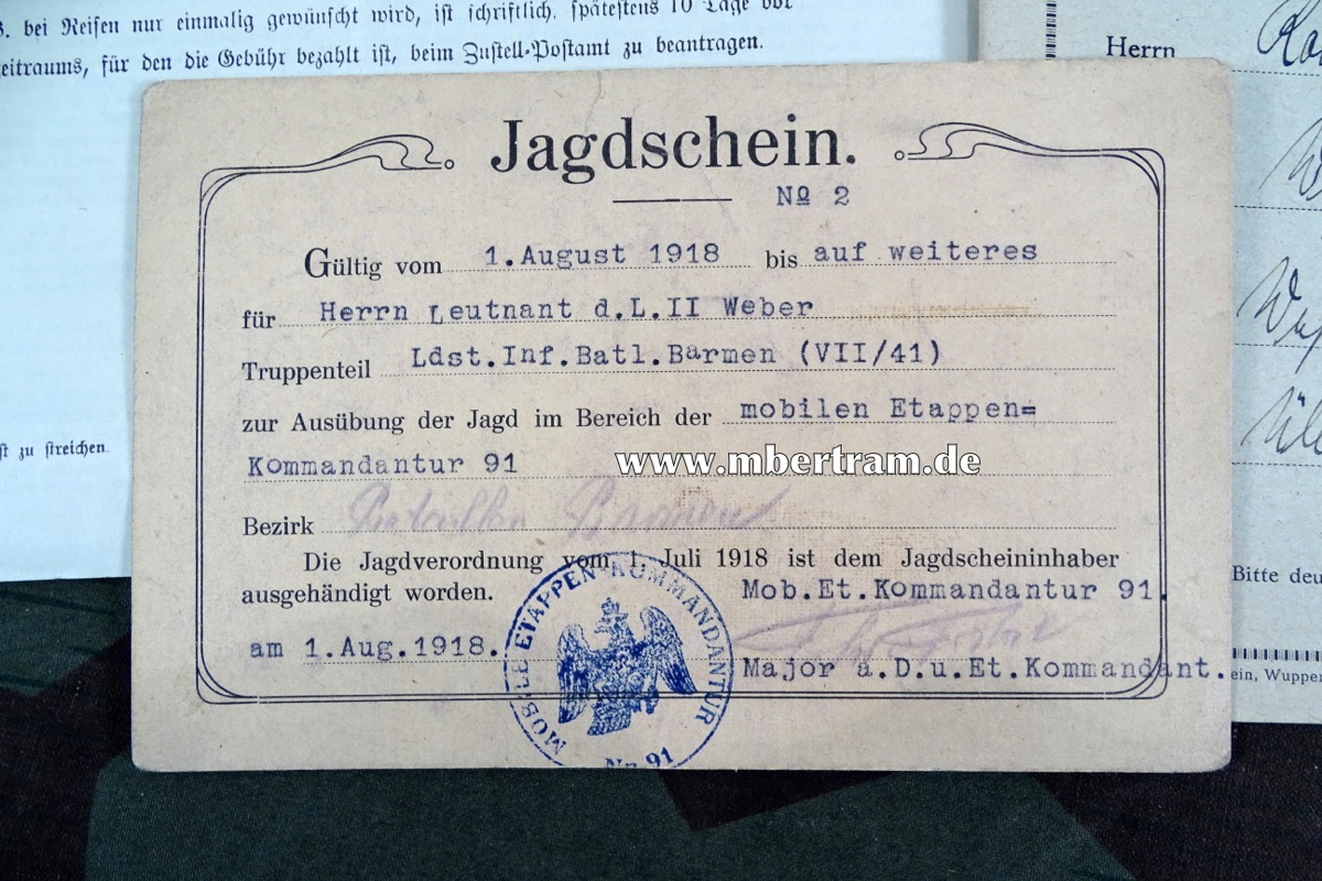 14726-4 Jagdschein 1918 Lt. Landwehr II, Landsturm Inf. Btl. Barmen, Waffenpass Hessen