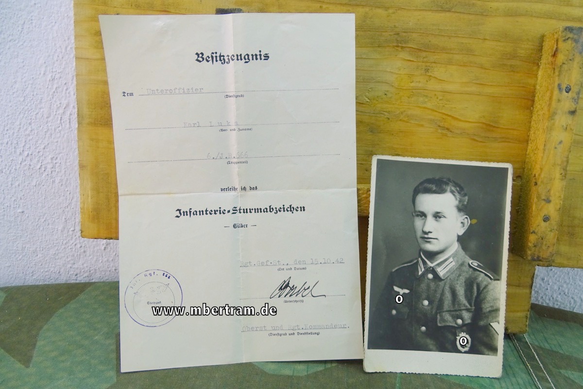 Besitzzeugnis für das Infanterie Sturmabzeichern Silber f. Unteroffizier m. Foto
