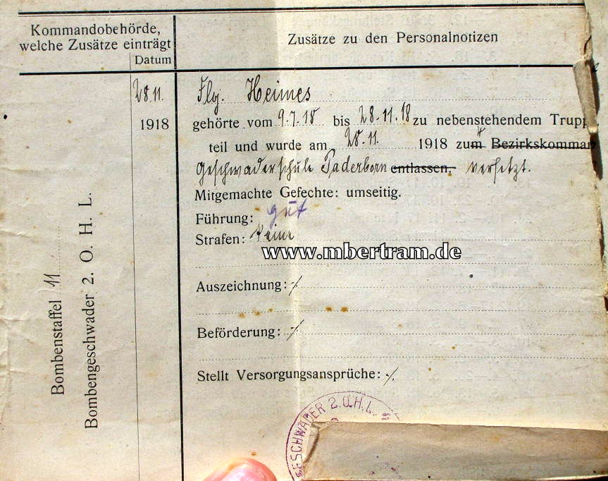 12440-6 Dokumente u. Militärpass " Kgl. preuss. Bombenstaffel 11...
