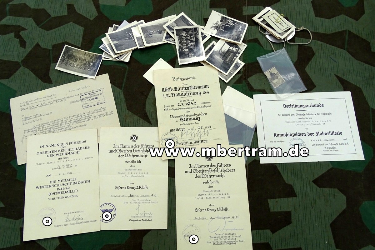 5 Urkunden: 1.Batt.lei./Flakabt. 84, VerwAbz.schw., Ostmed., EK 1+2, Flakkampfabz.