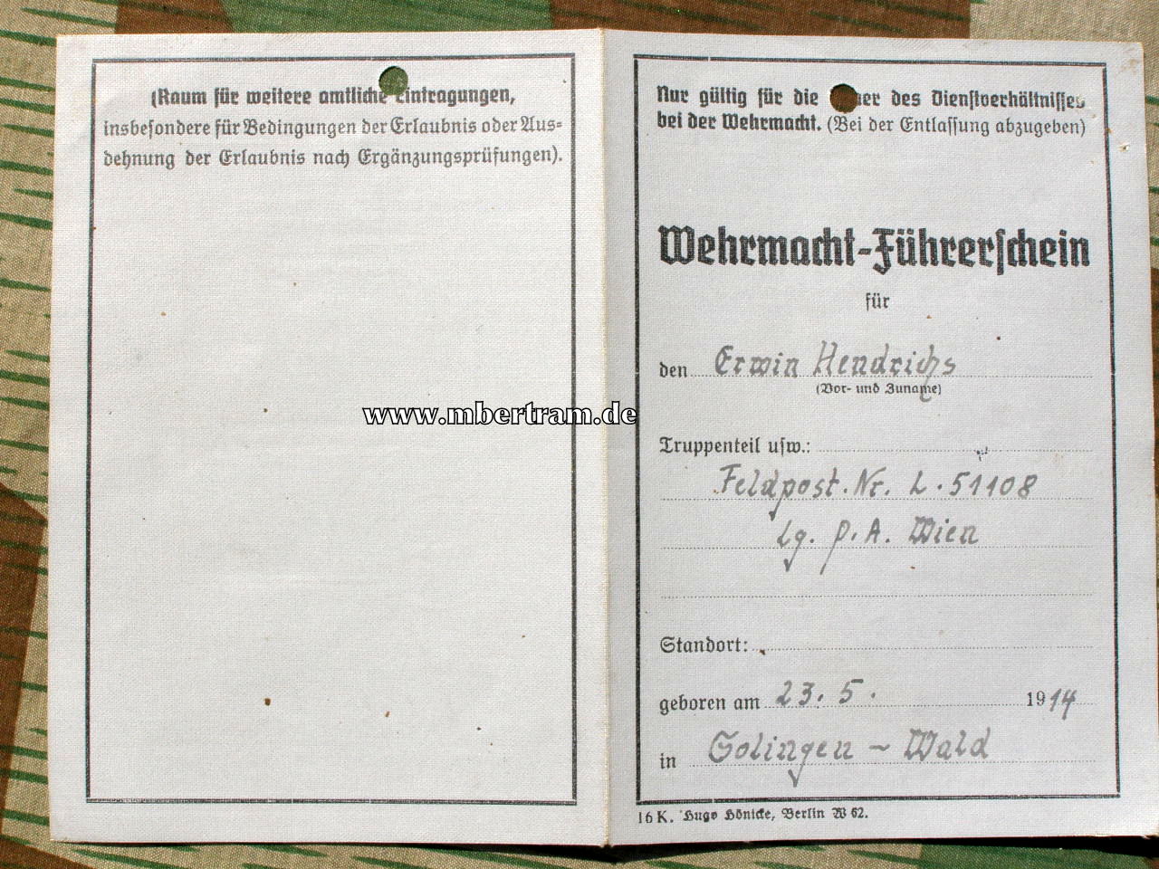 Wehrmachtsführerschein Luftwaffe, gemacht in Ungarn 1944