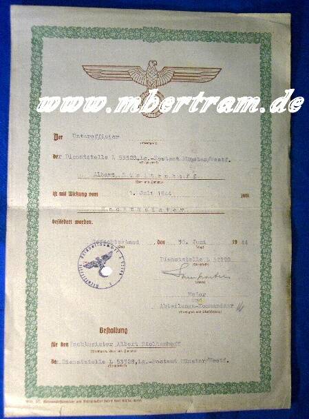 Urkunde Beförderung v.Uffz. z. Wachtmst. Münster, 1944