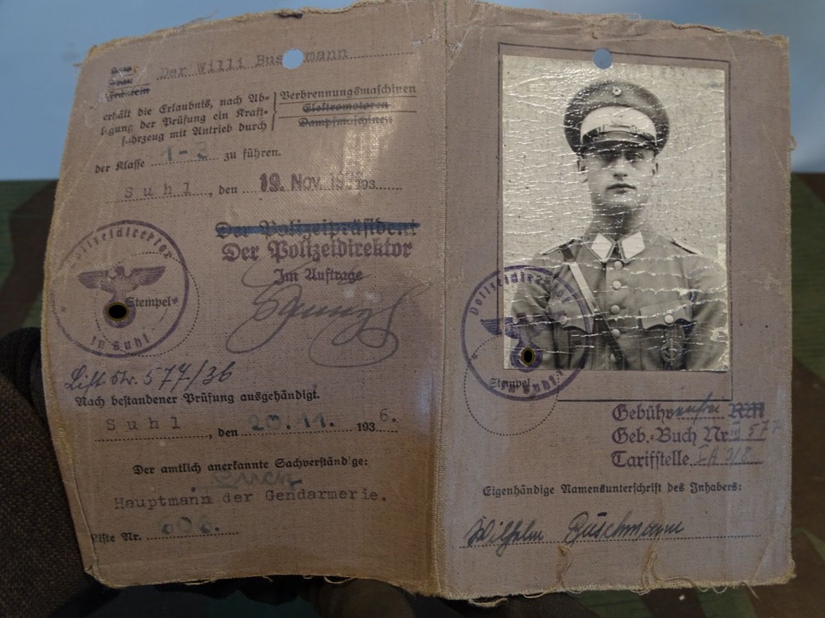 Führerschein Wachtmeister der Gendarmerie zum Führen staatlicher Fahrzeuge, Kl. 1.,2.,3, Suhl, 1936