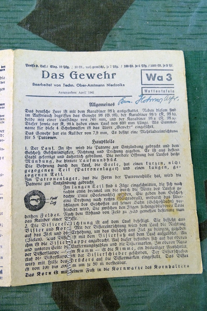 Wa 3 Waffentafeln, "Das Gewehr"  Dienstanweisung April 1941