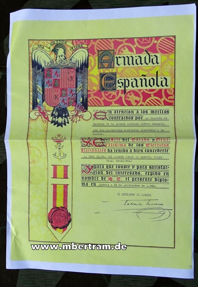 Große Farbkopie Legion Condor Urkunde, Weißes Marine Verdienstkreuz 2. Kl.1941