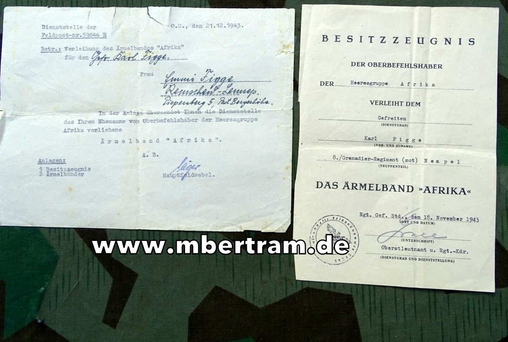Besitzzeugnis Ärmelband " Afrika " Gefr. Karl F. 8.Gren. Rgt. ( mot) Neapel 1943