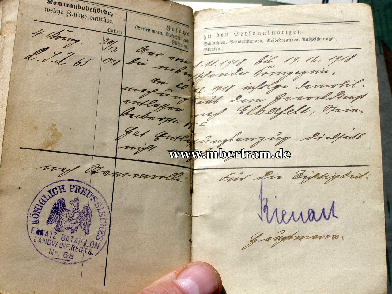 12439-12 Dokumente: 8.Kp. Inf.Rgt.Graf Barfuß ( 4. Westf.) Nr. 17