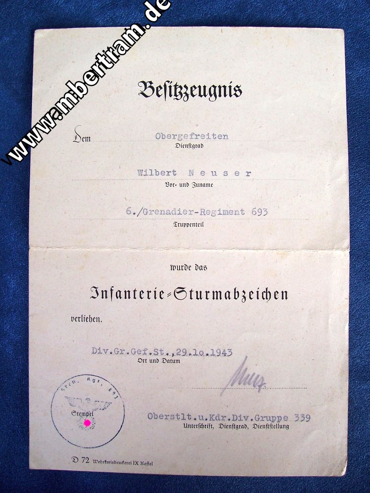 Urkunden eines Obergefreiten in der 6. Kompanie Grenadier Regime