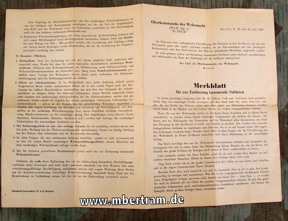 WH-Merkblatt zur Entlassung von Soldaten 1940