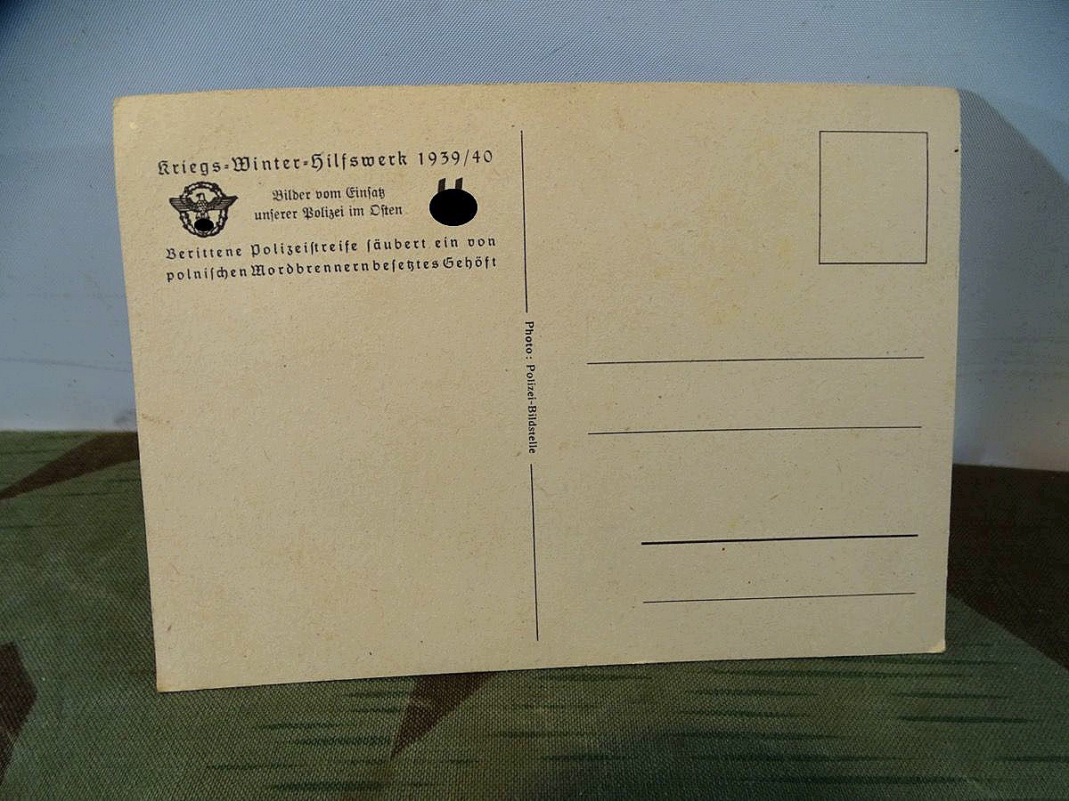 Propaganda Postkarte 3 Reich " Berittene Polizeistreife säubert ein von polnischen Mordbrennern besetztes Gehöft" 