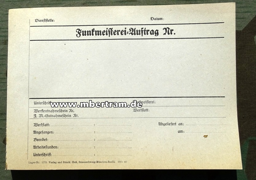 Wehrmacht Blanko Notitzformular Funkmeisterei Auftrag von 1942