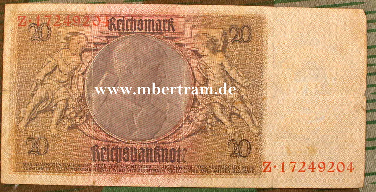 Reichsbanknote 20 Mark, kunstvoller Originalschein 20er Jahre
