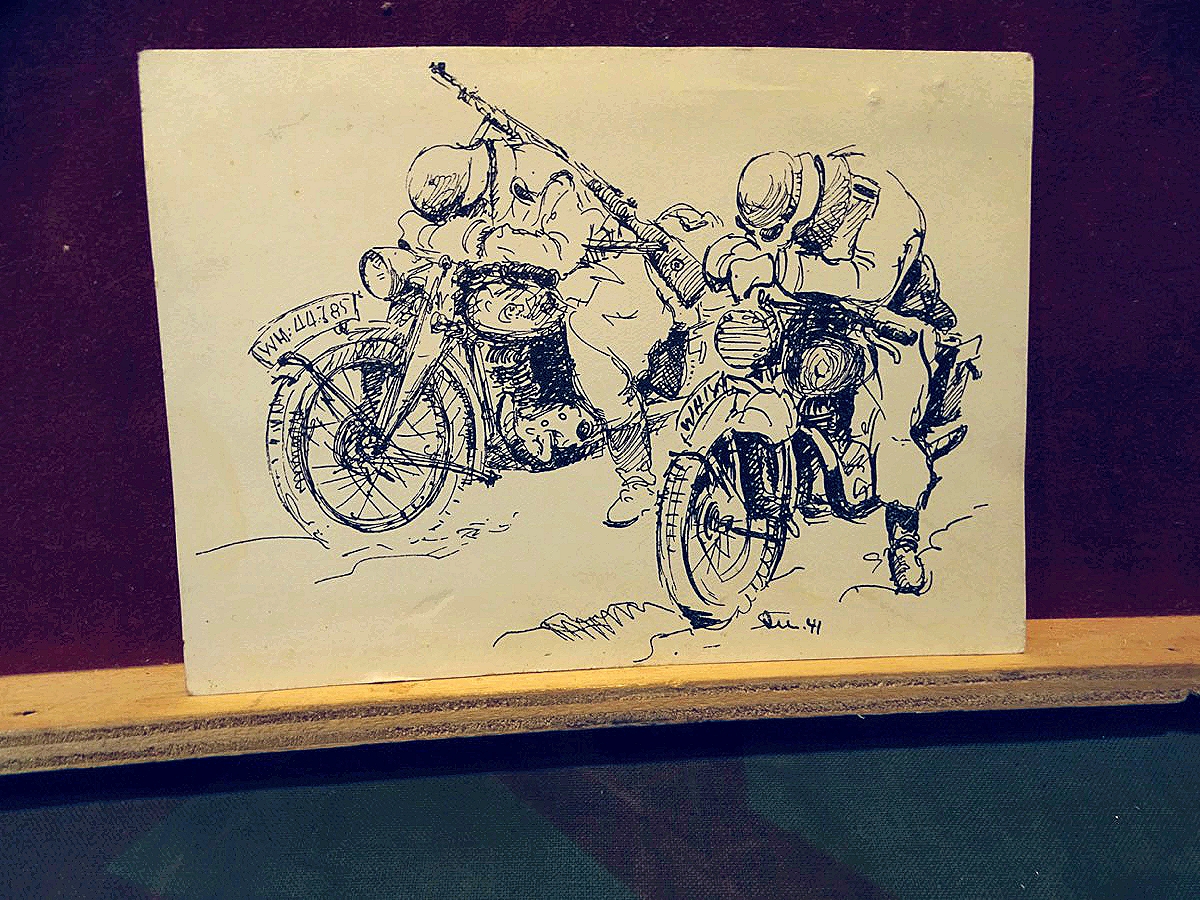 Postkarte zum Tag der Wehrmacht 1944. Die Ruhepause des Kradmelders auf dem Vormarsch