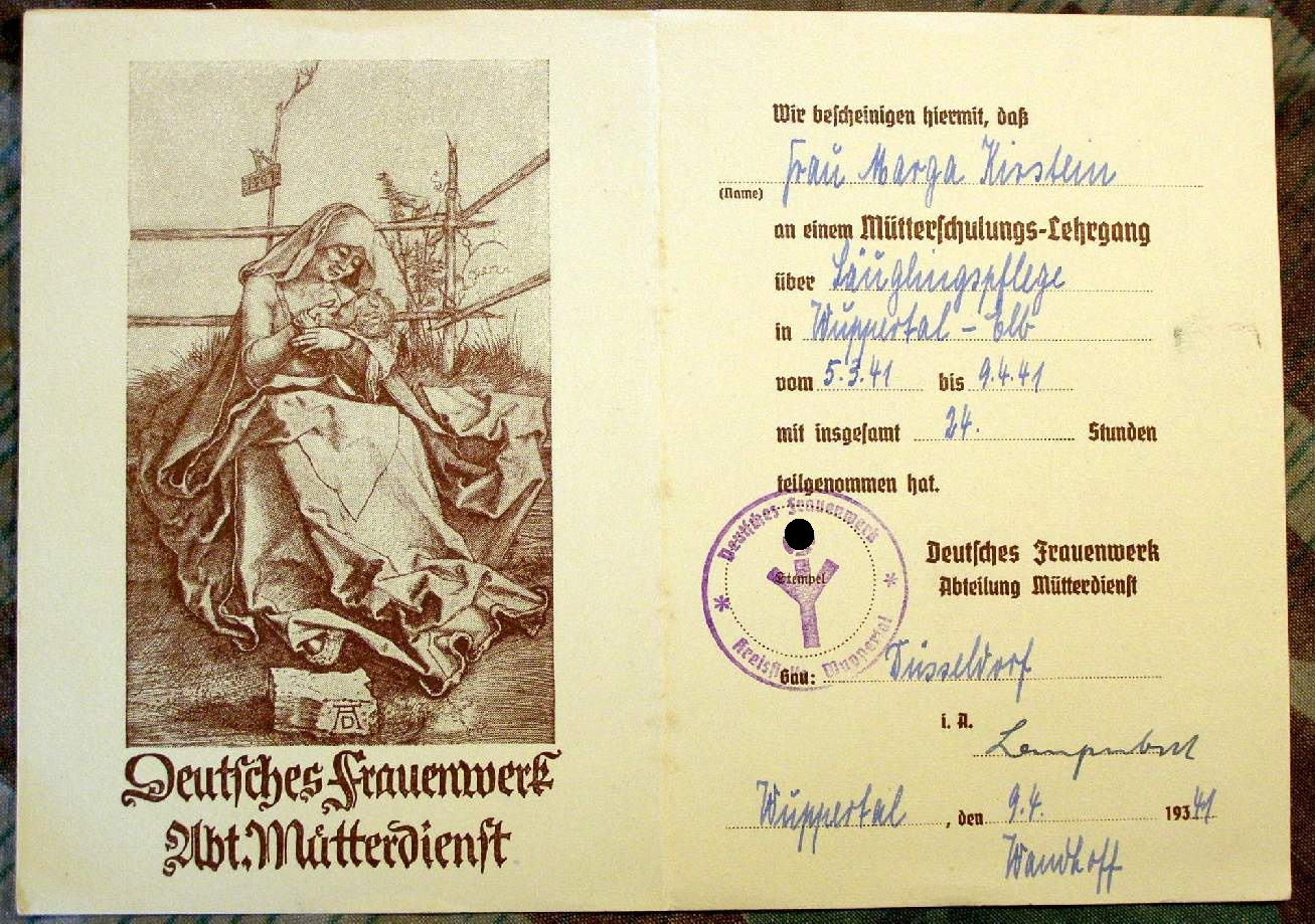 Ausweis Deutsches Frauenwerk Abt. Mütterdienst Wuppertal