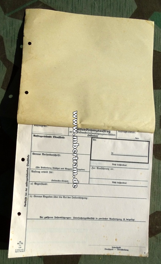 Kompletter Blanko Formularblock Luftwaffeninstandsetzungswerkstätten von 1939