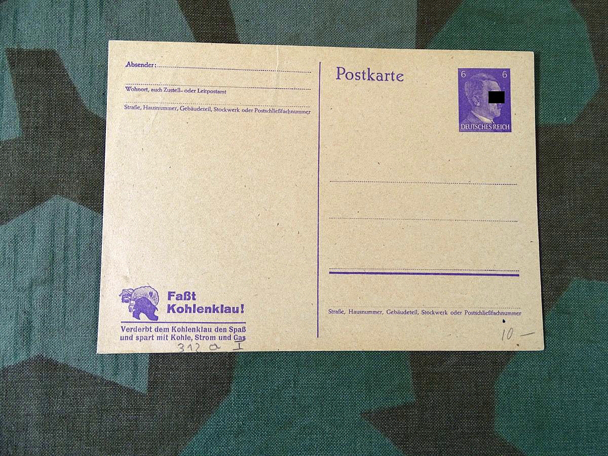 Propaganda Postkarte mit Aufdruck " Fasst Kohlenklau- verderbt dem Kohlenklau den Spaß, spart Kohle, Strom und Gas ", ungelaufen