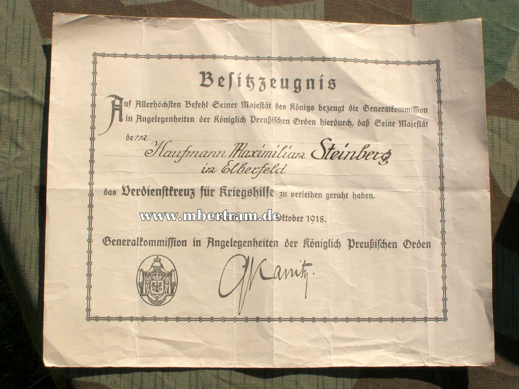 Besitzzeugnis " Verdienstkreuz für Kriegshilfe", 1918